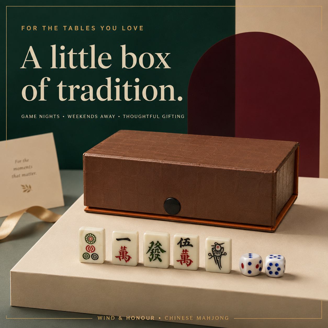 Brown case and selected Mahjong tiles displayed against a green background