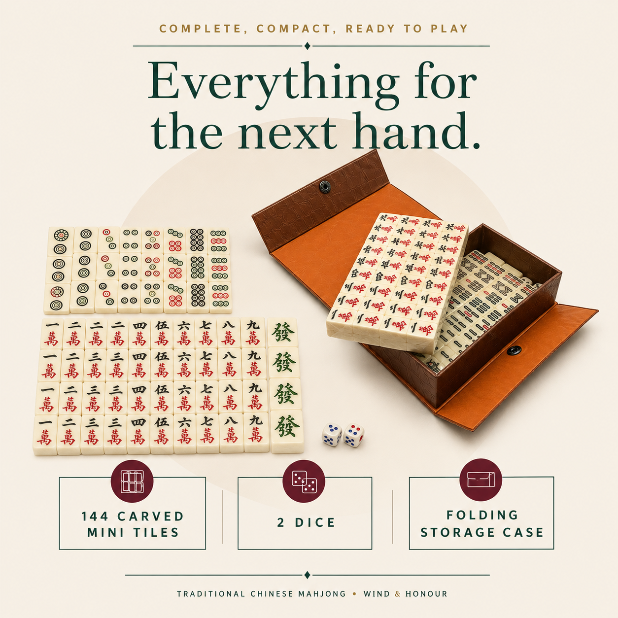 The Club Set tiles, dice and folding case arranged on an ivory background