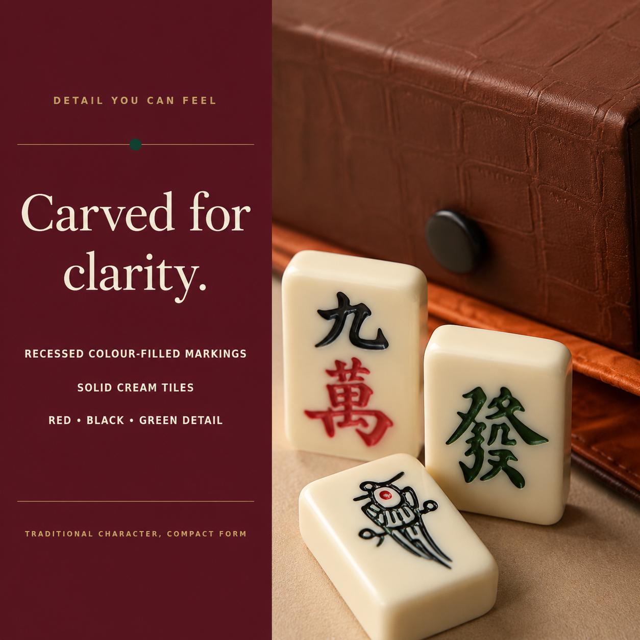 Close-up illustration of patterned Mahjong tiles beside the brown case