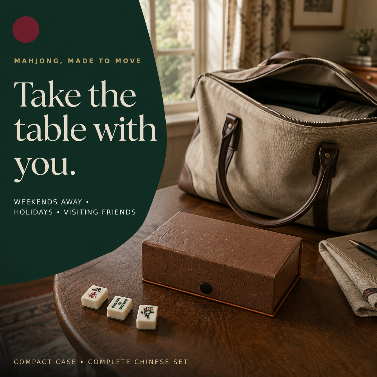 Closed Club Set case and loose tiles beside a travel bag