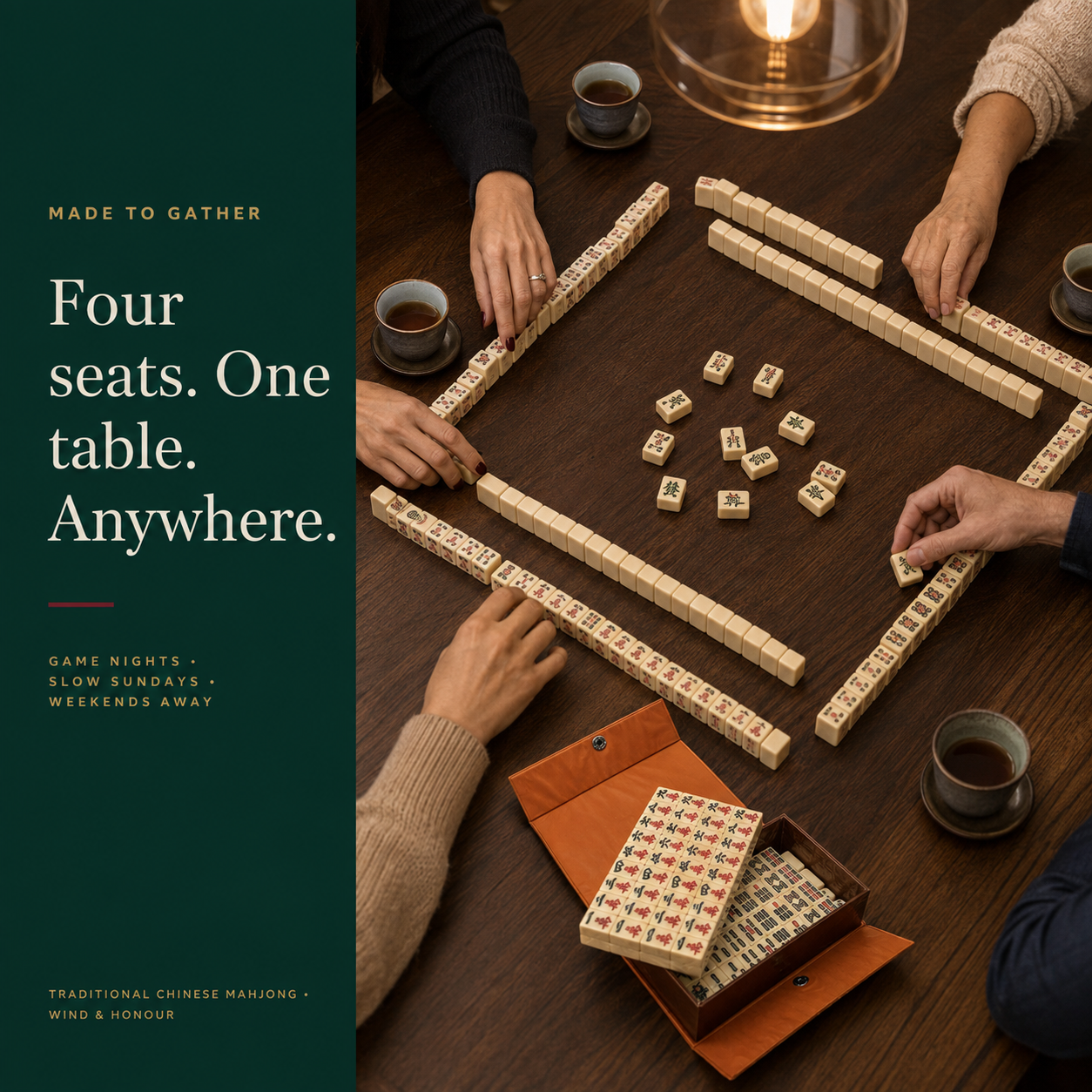 Four players seated around a Mahjong table with The Club Set open nearby