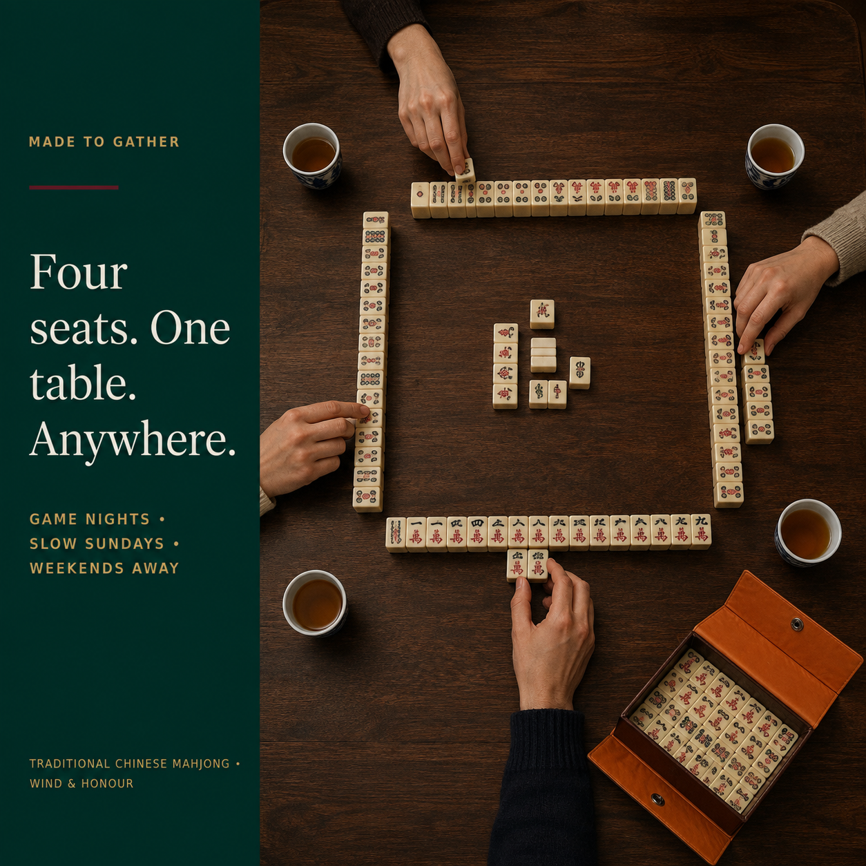 Overhead view of four people playing Mahjong with The Club Set nearby