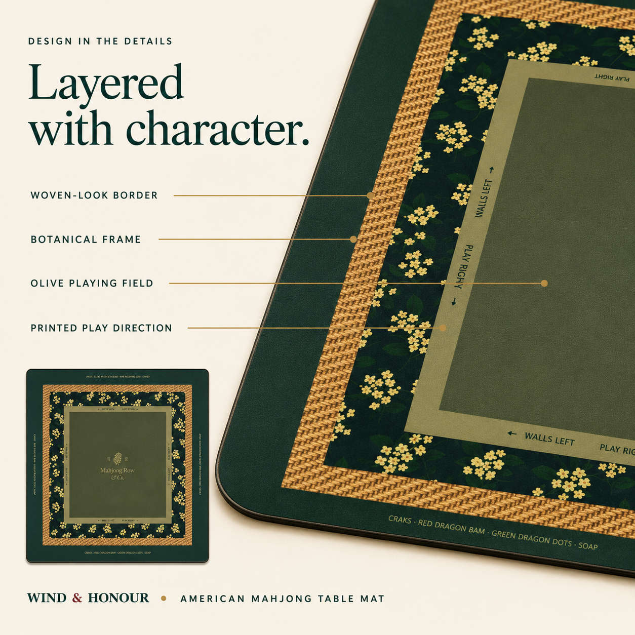 Close view of the table mat border and printed play direction markings