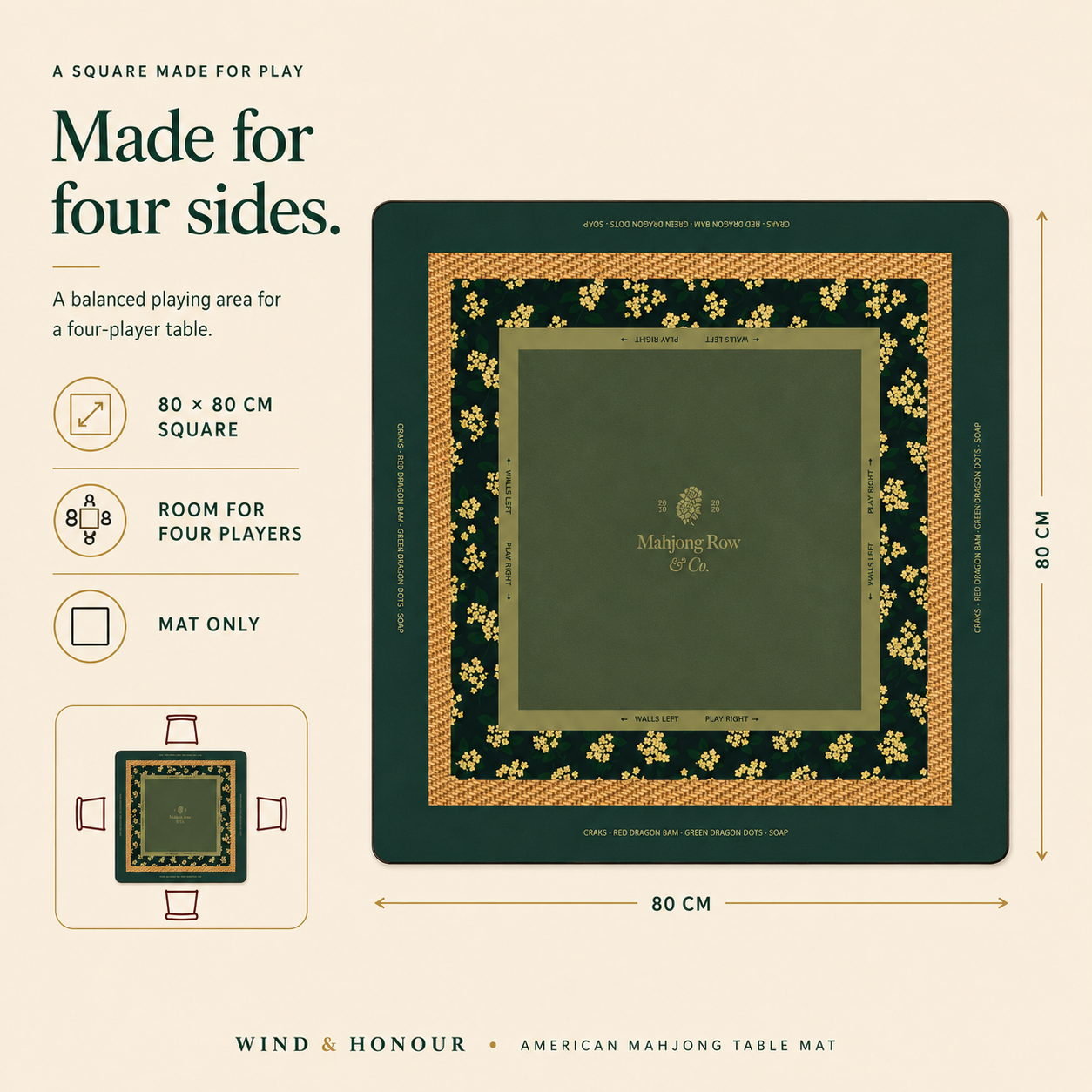 Full view of the square green Mahjong table mat with room for four players
