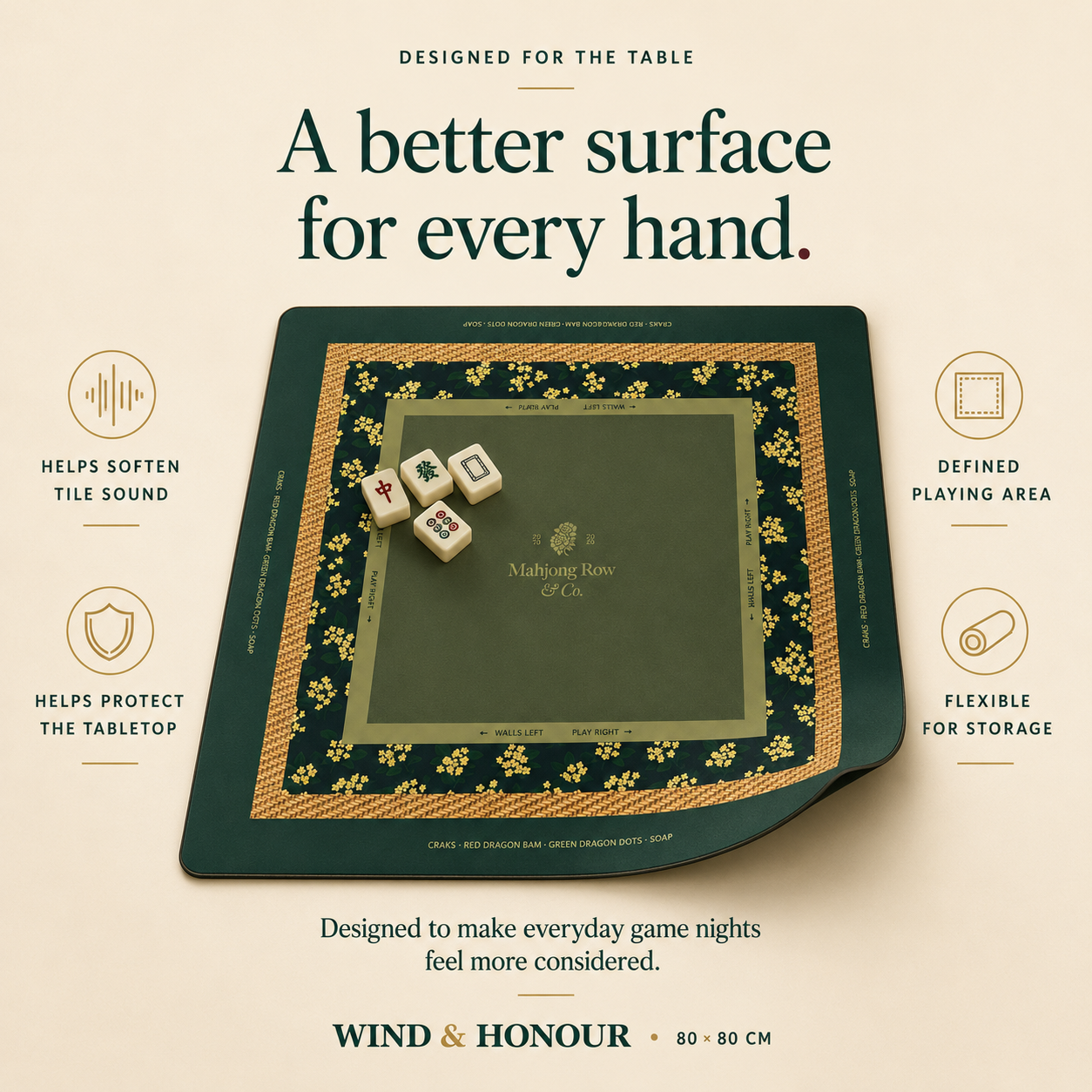 Square green Mahjong table mat shown with four loose tiles