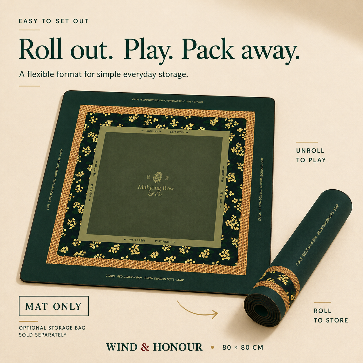 Green Mahjong table mat rolled beside its storage bag